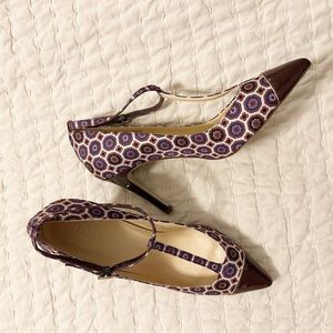 J Crew Everly T Strap Cap Toe Pump Heels 7.5 Ratti Silk Faulard Old Money Office